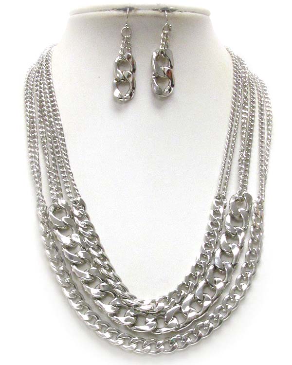 Three layered thick metal chain mix necklace earring set