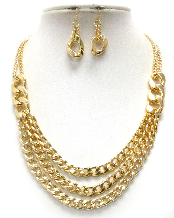 Three layered thck metal chain mix necklace earring set