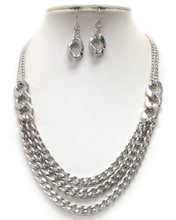 Three layered thck metal chain mix necklace earring set