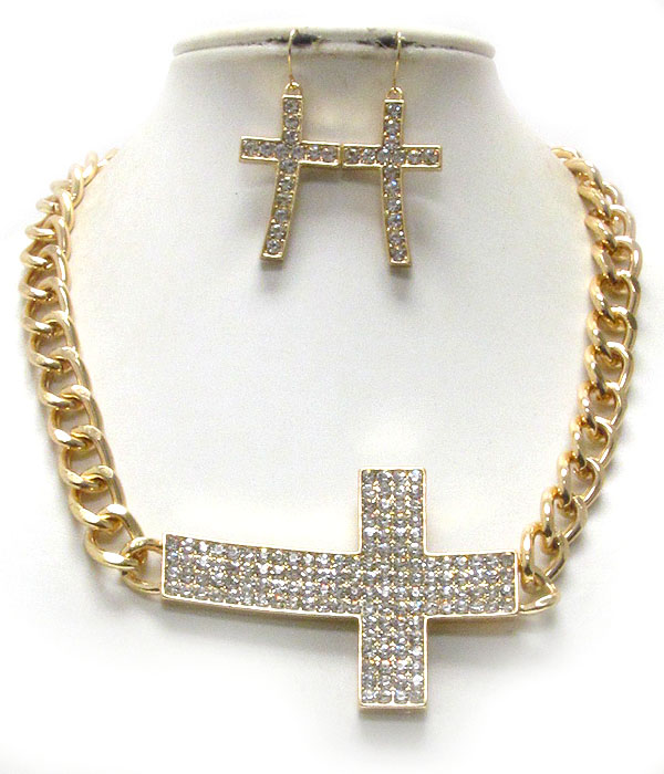 Crystal pave large side cross pendant and thick chain necklace earring set