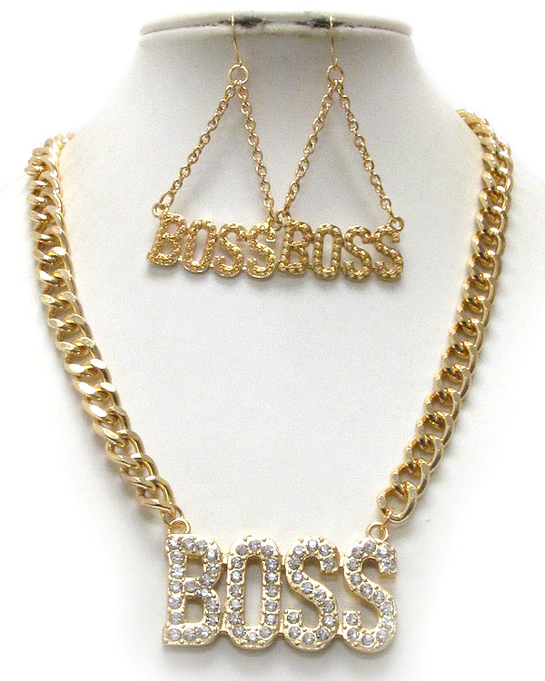 Crystal pave large boss pendant and thick chain necklace earring set