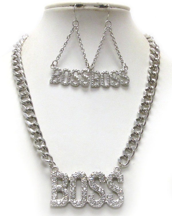 Crystal pave large boss pendant and thick chain necklace earring set