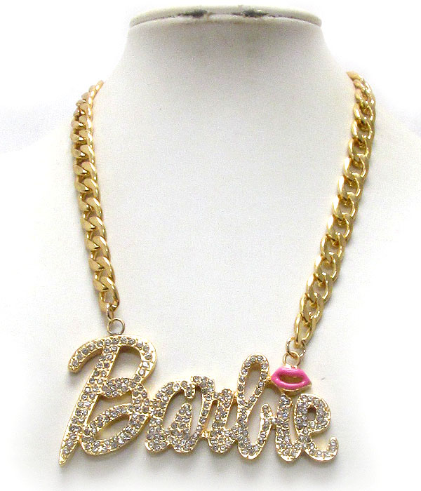 Crystal deco large barbie penadnt and thick chain necklace