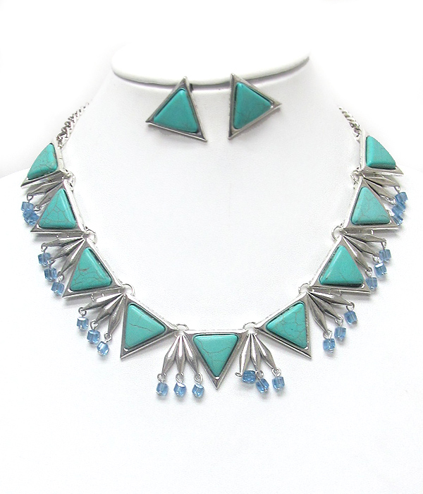 Multi turquoise and metal bar link drop necklace set