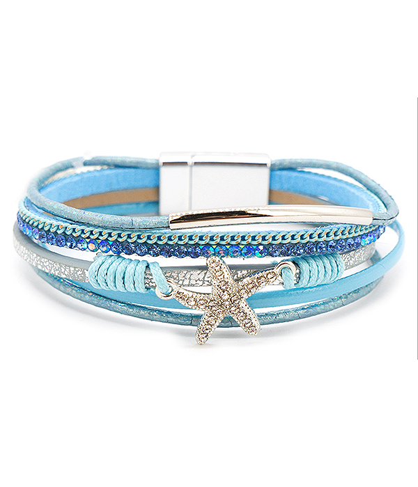 Multi layer leatherette and crystal starfish magnetic bracelet