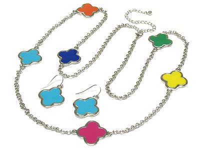 Multi metal enamel cover clover long necklace and earring set