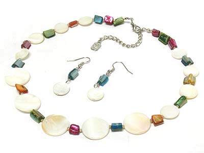 Multi shell disk and stone linked necklace and earring set