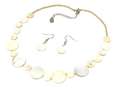 Multi simple shell disk and seed bead necklace and earring set