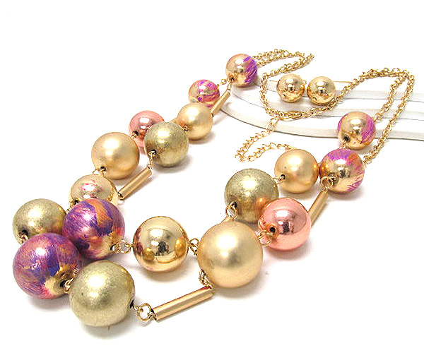 Multi metal fashion style painted balls and small bars drop two long chain necklace earring set