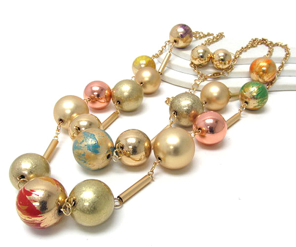 Multi metal fashion style painted balls and small bars drop two long chain necklace earring set