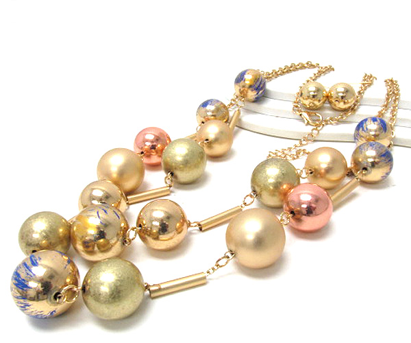 Multi metal fashion style painted balls and small bars drop two long chain necklace earring set