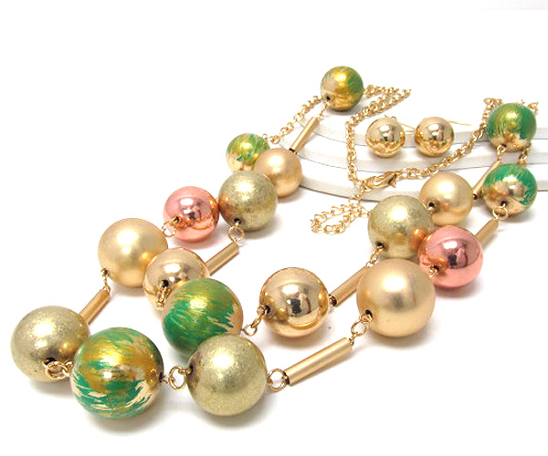 Multi metal fashion style painted balls and small bars drop two long chain necklace earring set