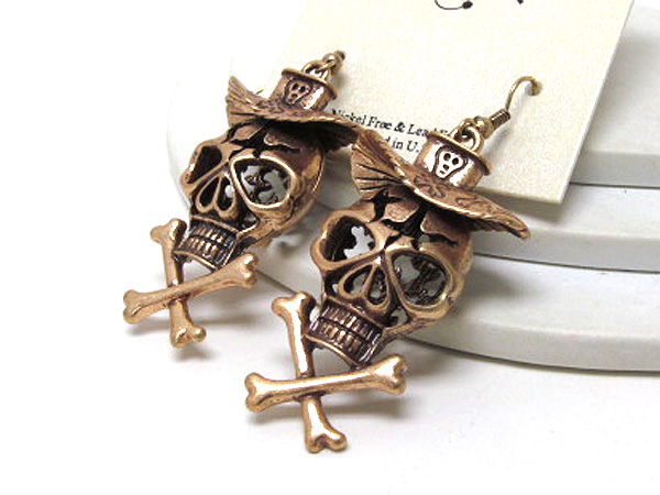 Metal puffy skull with hat and bone fashion drop earring 