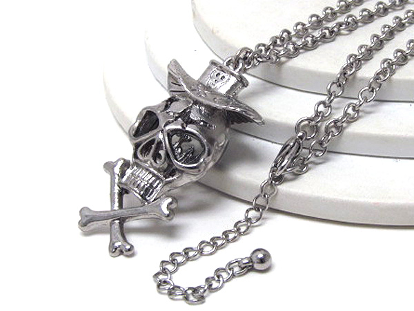 Metal puffy skull with hat and bone fashion drop long chain necklace  