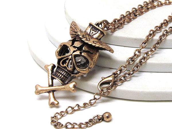 Metal puffy skull with hat and bone fashion drop long chain necklace  