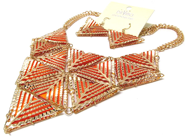 Metal multi fashion triangle with shell patern chain necklace earring set