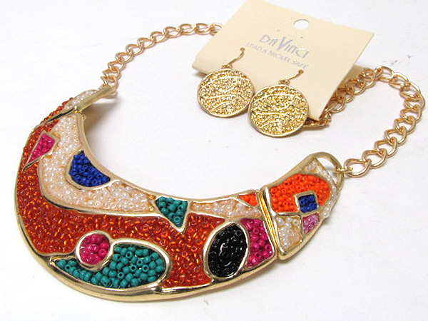 Multi art designer style fashion colorful seed beads inside half oval metal chain necklace earring set