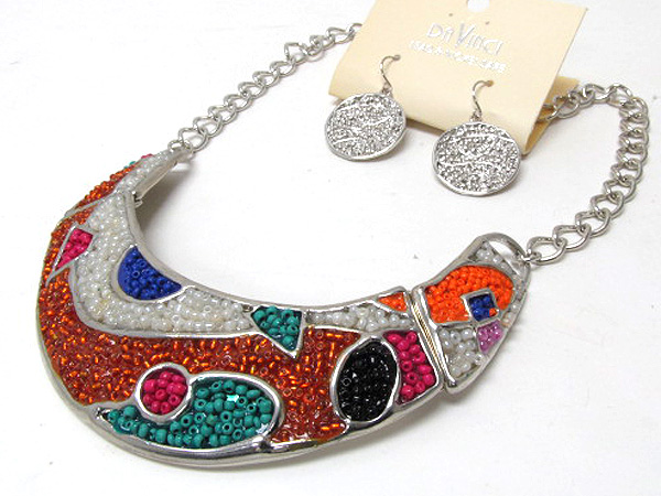 Multi art designer style fashion colorful seed beads inside half oval metal chain necklace earring set