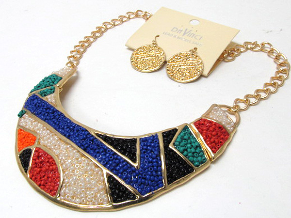 Multi art designer style fashion colorful seed beads inside half oval metal chain necklace earring set