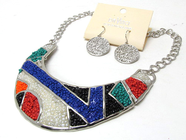 Multi art designer style fashion colorful seed beads inside half oval metal chain necklace earring set