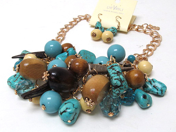 Multi natural stone and glass ball with wooden balls and oval drop dangle necklace earring set