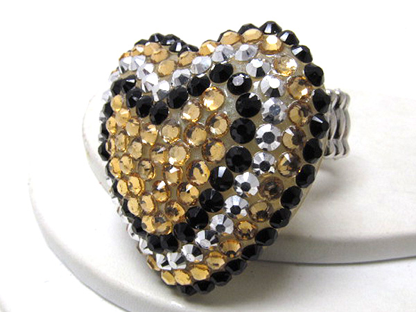 Crystal patern stud puffy heart stretch ring