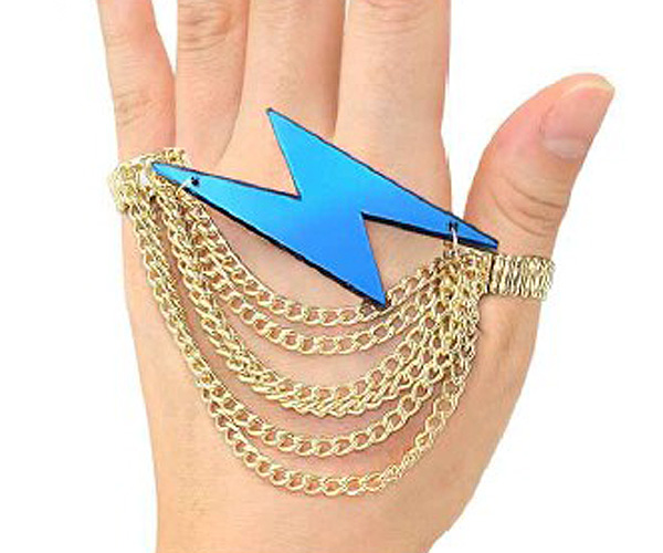 Basketball wives inspired acrylic lightning bolt shape and multi connected chain on fashion stretch rings