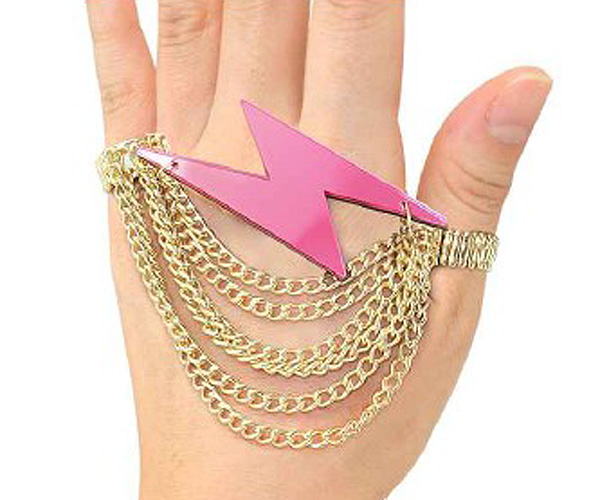 Basketball wives inspired acrylic lightning bolt shape and multi connected chain on fashion stretch rings