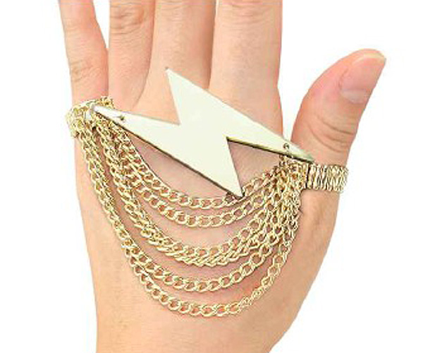 Basketball wives inspired acrylic lightning bolt shape and multi connected chain on fashion stretch rings