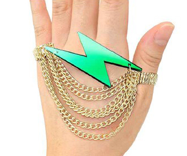 Basketball wives inspired acrylic lightning bolt shape and multi connected chain on fashion stretch rings