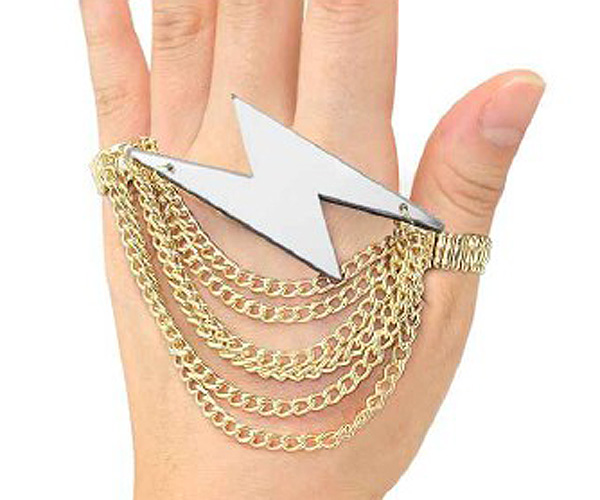 Basketball wives inspired acrylic lightning bolt shape and multi connected chain on fashion stretch rings