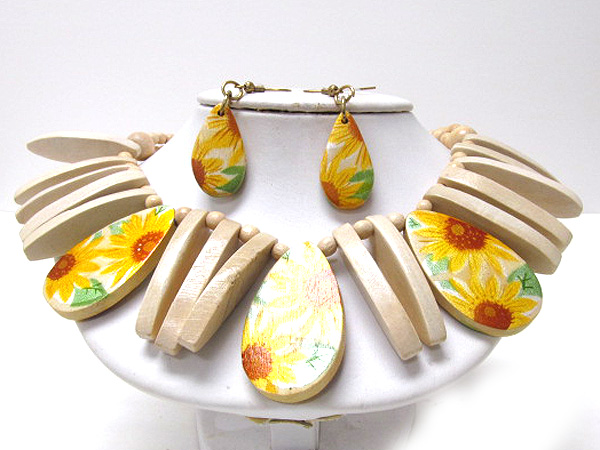 Wooden tear drop sun flowers print and multi oval wood with multi balls chain necklace earring set