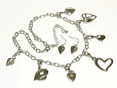 Crystal heart dangle chain necklace and earring set