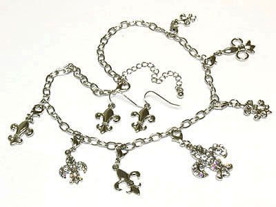 Crystal fleur de lis dangle chain necklace and earring set