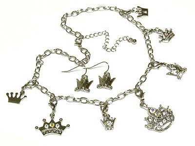 Crystal crown dangle chain necklace and earring set