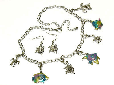 Crystal sea life dangle chain necklace and earring set