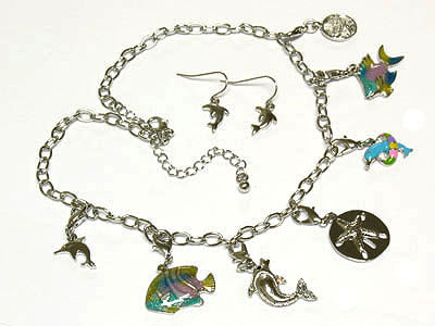 Crystal sea life dangle chain necklace and earring set