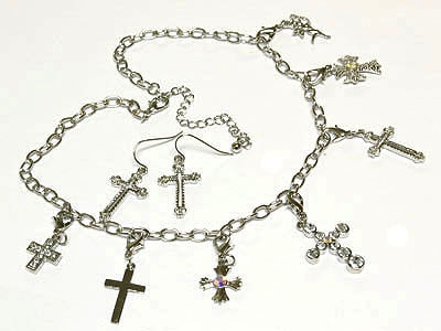 Crystal cross dangle chain necklace and earring set