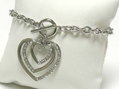 Triple crystal heart charm toggle bracelet