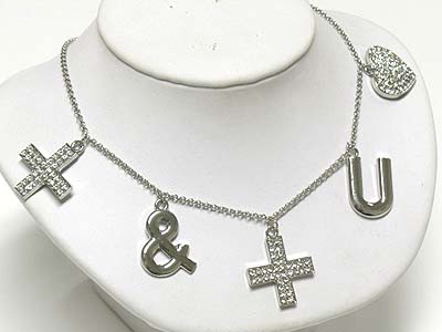 Crystal cross and heart charm dangle neckalce