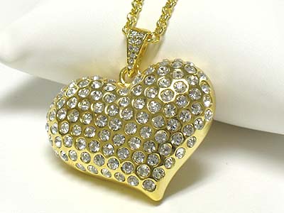 Extra large crystal puff heart pendant long necklace 