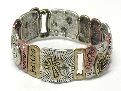 Tri tone metal stretch bracelet - love faith hope