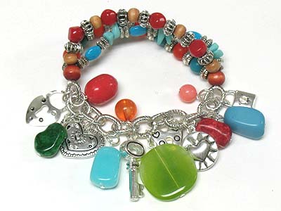 Multi natural stone and beads and charm dangle stretch bracelet