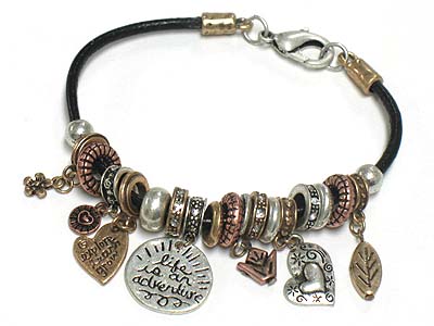 Tri tone metal charm and cord link bracelet