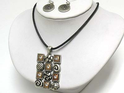 Tri tone metal art pendant cord necklae and earring set