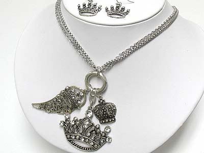 Multi crown pendant dangle neckale and earring set