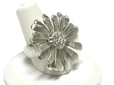 Crystal centered  scratch metal flower adjustable ring - brass metal