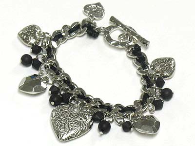 Metal heart charm and wooden ball dangle toggle bracelet