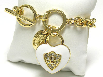 Tutti frutti epoxy and crystal heart lock charm toggle bracelet