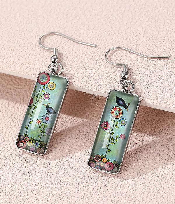 Vintage floral bird art glass earrings